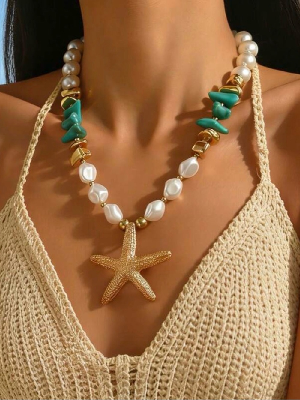 Gold Starfish Pearl Necklace